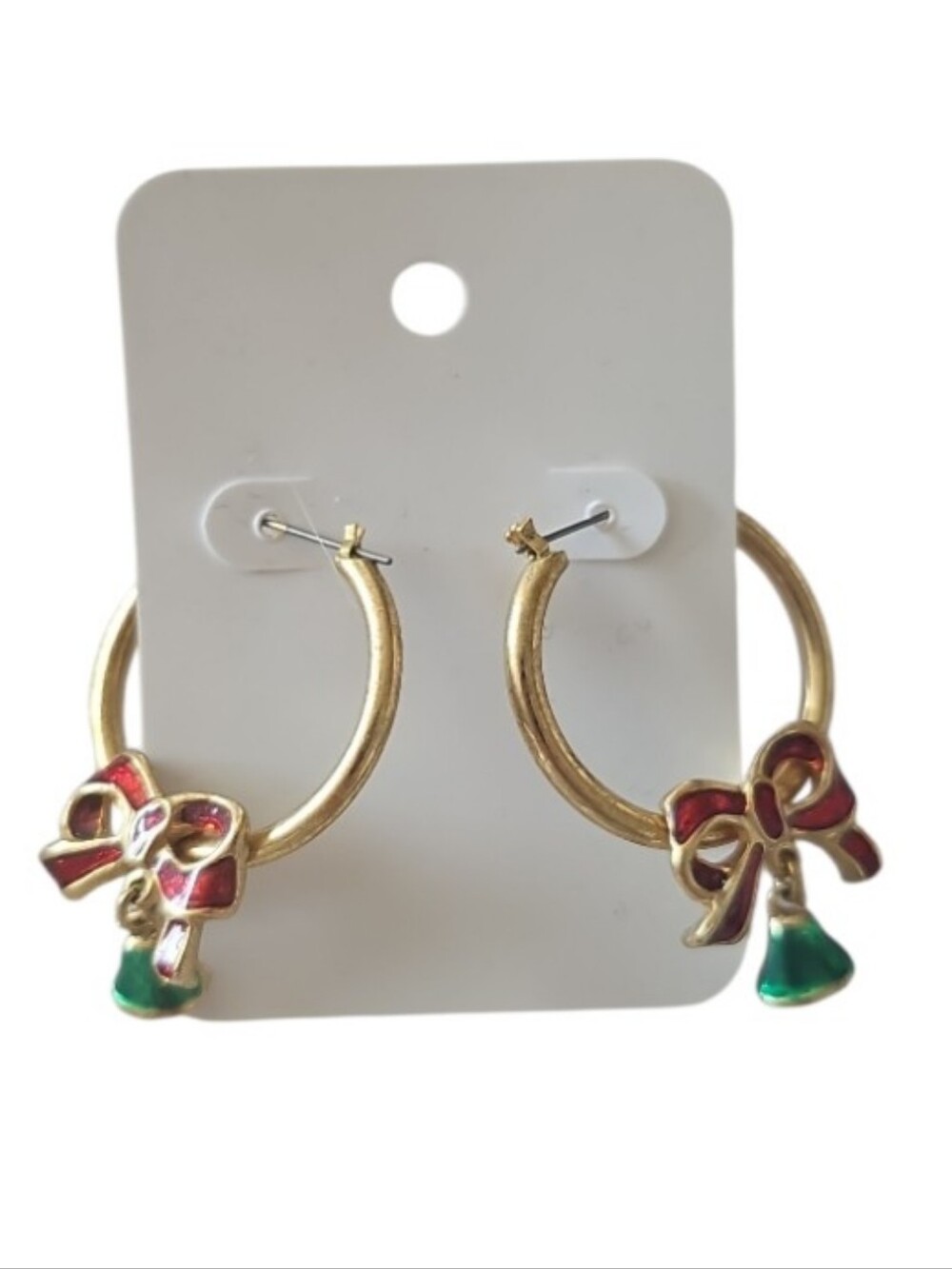 Vintage Christmas Bow Hoop Earrings Gold Tone Red Green Holiday Dangle Chic